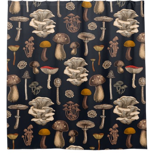 Wild Mushrooms on graphite black Douchegordijn (Voorkant)