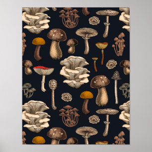 Wild Mushrooms on graphite black Poster