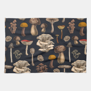 Wild Mushrooms on graphite black Theedoek