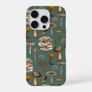Wild Mushrooms on pine green iPhone 15 Pro Case