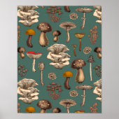 Wild Mushrooms on pine green Poster (Voorkant)