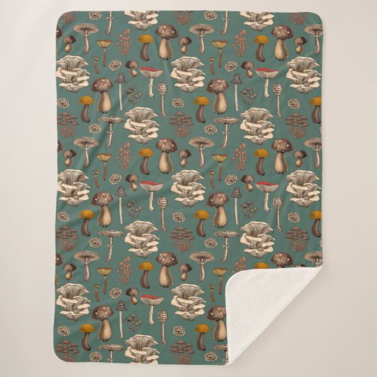 Wild Mushrooms on pine green Sherpa Deken (Voorkant)