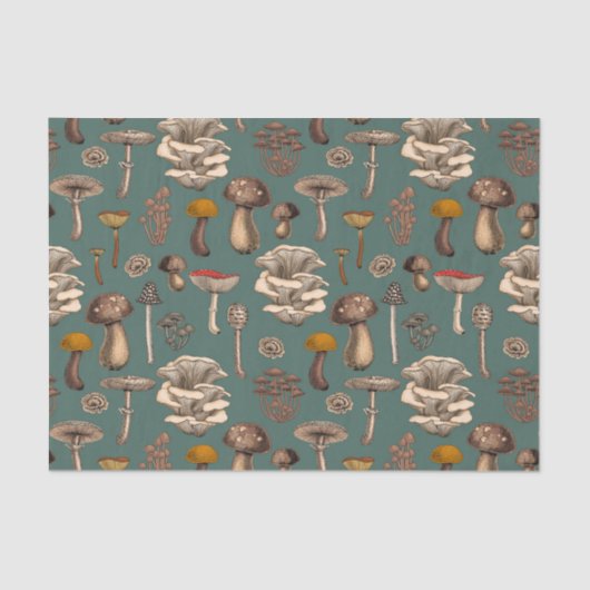 Wild Mushrooms on pine green Tissuepapier (Voorkant)