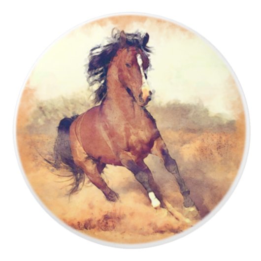 Wild Mustang Horse Waterverf Painting Keramische Knop (Voorkant)