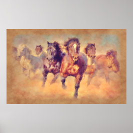 Wild Mustang Horses Stampede Waterverf Poster