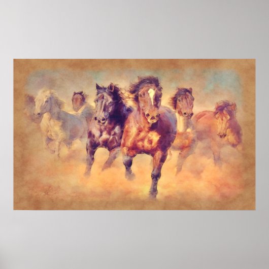 Wild Mustang Horses Stampede Waterverf Poster (Voorkant)