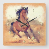 Wild Mustang Horses Stampede Waterverf Vierkante Klok (Voorkant)