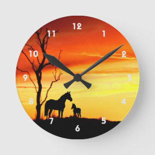 Wild Mustang Mare and Foal Silhouette With Sunset Ronde Klok