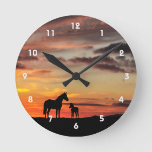 Wild Mustang Mare and Foal Silhouette With Sunset Ronde Klok