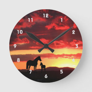 Wild Mustang Mare and Foal Silhouette With Sunset Ronde Klok