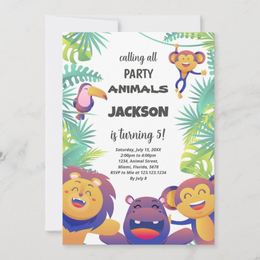 Wild Oerwoud Animal Party Theme voor kinderen Kaart (Voorkant)