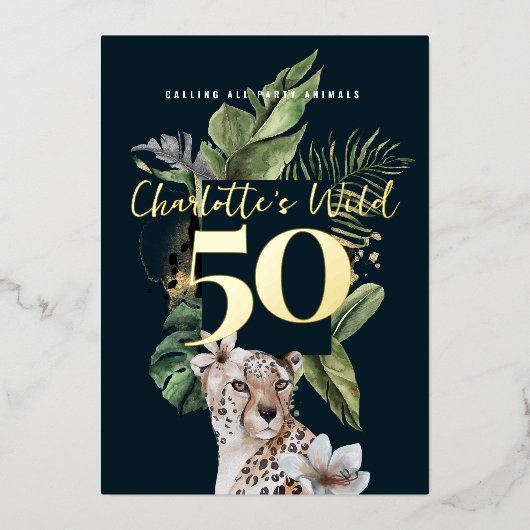 Wild Oerwoud Leopard 50ste verjaardagsfeest Folie Uitnodiging (Voorkant)