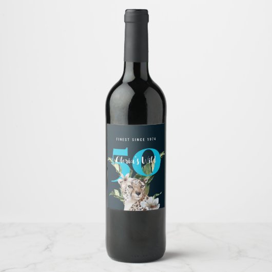 Wild Oerwoud Leopard Blue 50ste verjaardag Grappig Wijn Etiket (Voorkant)