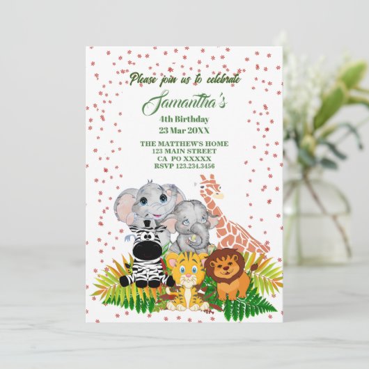 Wild Oerwoud Safari Baby Dieren Groen Verjaardag Kaart (Staand voorkant)