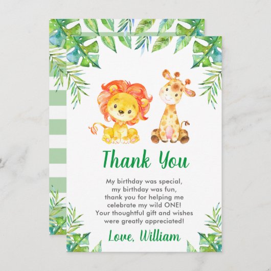 Wild Oerwoud Safari Boy 1e Verjaardagsfeestje Bedankkaart (Voorkant / Achterkant)