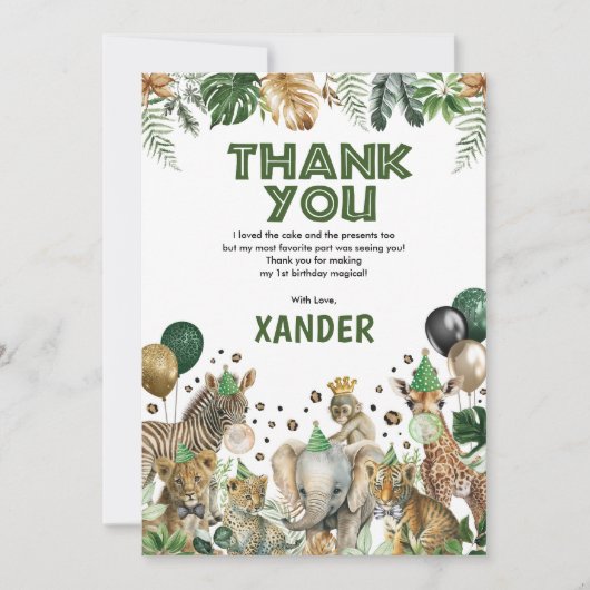 Wild Oerwoud Safari Feestdieren Jongensverjaardag Bedankkaart (Voorkant)