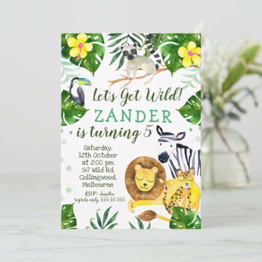 Wild Oerwoud Theme Birthday Party Invitation Kaart (Staand voorkant)