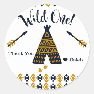 Wild One 1e Verjaardag Blauw Gouden Tepee Feest Fa Ronde Sticker