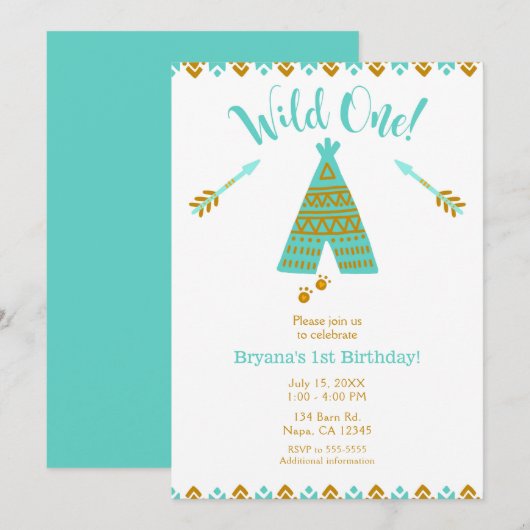 Wild One 1e verjaardag Turquoise & Goud Tepee Fees Kaart (Voorkant / Achterkant)