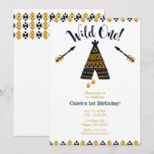 Wild One 1st Birthday Blue & Gold Tepee Party Kaart (Voorkant / Achterkant)
