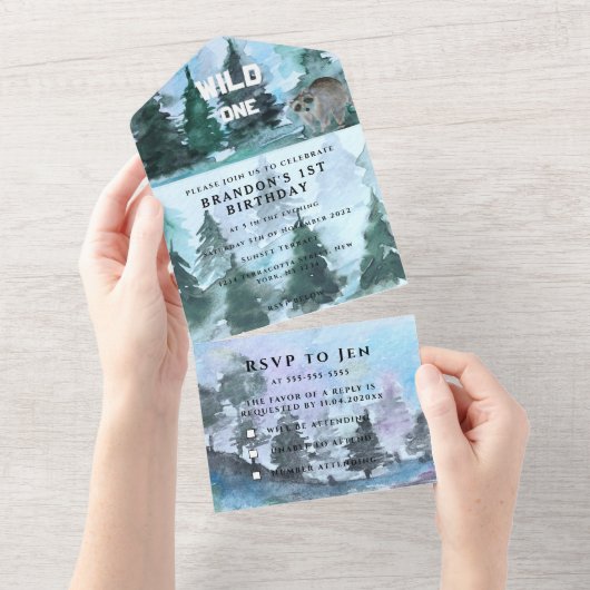 Wild One 1st Birthday Boy Rustic Animal Forest All In One Uitnodiging (Afscheurbaar)