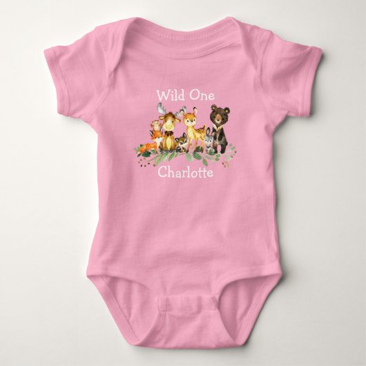 Wild One 1st Birthday Forest Woodland Animals Pink Romper (Voorkant)