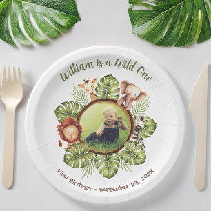 Wild One 1st Birthday Foto Safari Dieren Bladeren Papieren Bordje
