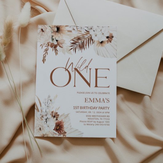 Wild One 1st Birthday Invitation Boho Pampas Kaart