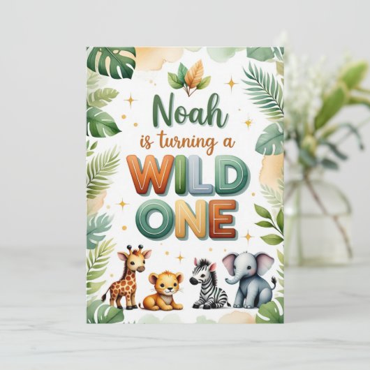 Wild One 1st Birthday Invitation Kaart - Noah (Staand voorkant)