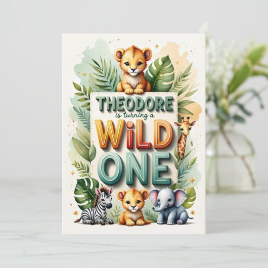 Wild One 1st Birthday Invitation Kaart - Theodore (Staand voorkant)