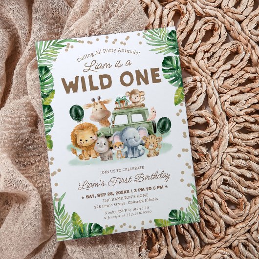 Wild One 1st Birthday Invitation Safari Animals Kaart