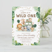 Wild One 1st Birthday Invitation Safari Animals Kaart (Staand voorkant)