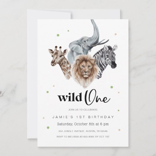 Wild One 1st Birthday Invitation, Safari Oerwoud i Kaart (Voorkant)