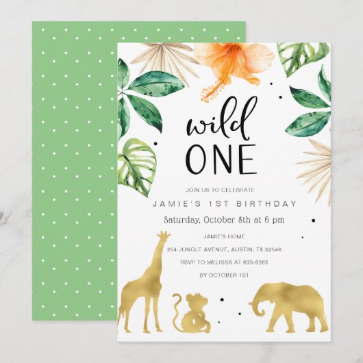 Wild One 1st Birthday Invitation, Safari Oerwoud Kaart (Voorkant / Achterkant)