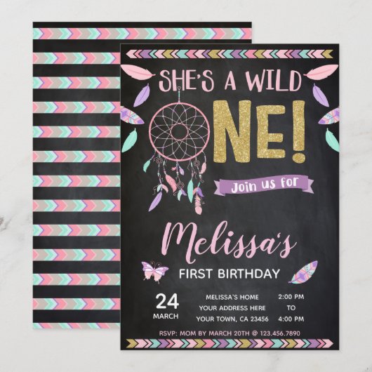Wild One 1st Birthday Invitation, schoolbord Kaart (Voorkant / Achterkant)