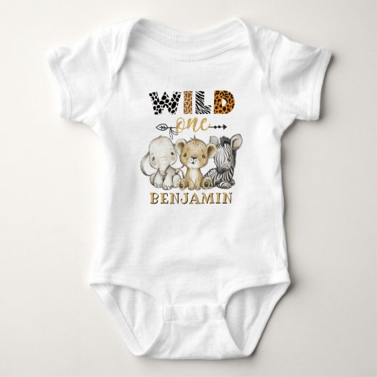 Wild One 1st Birthday Lion Zebra Elephant Romper (Voorkant)