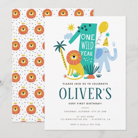 Wild One 1st Birthday OERWOUD Lion Safari Kaart (Voorkant / Achterkant)