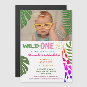 Wild ONE 1st Birthday Oerwoud Safari Giraffe Foto Magnetische Uitnodiging