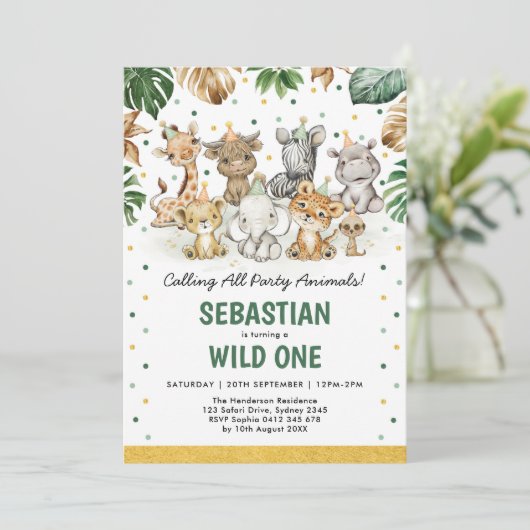 Wild One 1st Birthday Oerwoud Safari Party Animals Kaart (Staand voorkant)