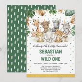 Wild One 1st Birthday Oerwoud Safari Party Animals Kaart (Voorkant / Achterkant)