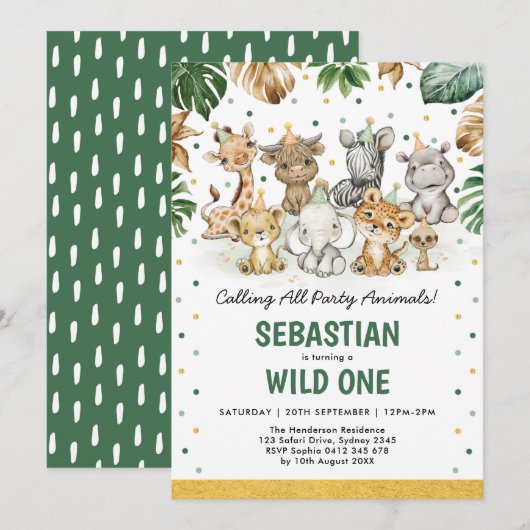 Wild One 1st Birthday Oerwoud Safari Party Animals Kaart (Voorkant / Achterkant)