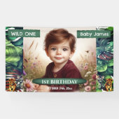 Wild One 1st Birthday Oerwoud Safari Tropische fot Spandoek (Horizontaal)