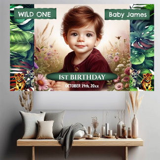 Wild One 1st Birthday Oerwoud Safari Tropische fot Spandoek