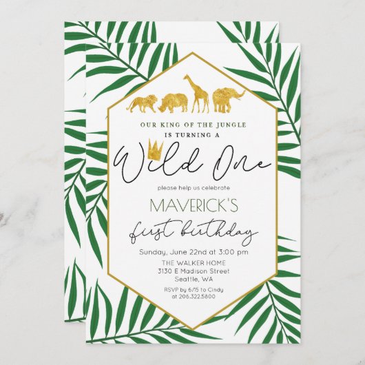 Wild One 1st Birthday Oerwoud Safari Uitnodiging (Voorkant / Achterkant)