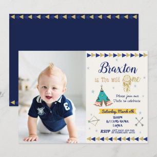Wild One 1st Birthday Party Boy Tribal Navy Gold Kaart