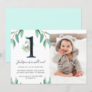 Wild One 1st Birthday Party Foto Blauw Terug Kaart