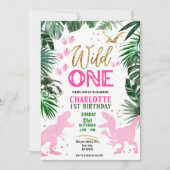 Wild One 1st Birthday roze dinosaurus uitnodiging (Voorkant)