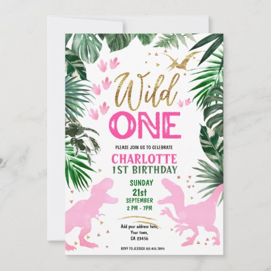 Wild One 1st Birthday roze dinosaurus uitnodiging (Voorkant)