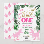 Wild One 1st Birthday roze dinosaurus uitnodiging (Voorkant / Achterkant)