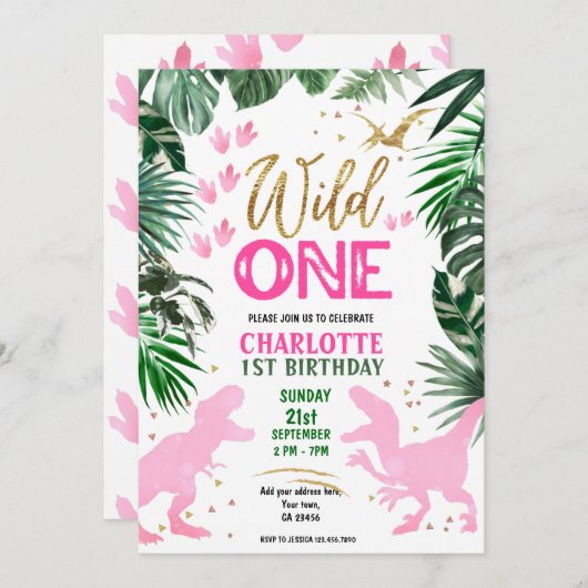 Wild One 1st Birthday roze dinosaurus uitnodiging (Voorkant / Achterkant)